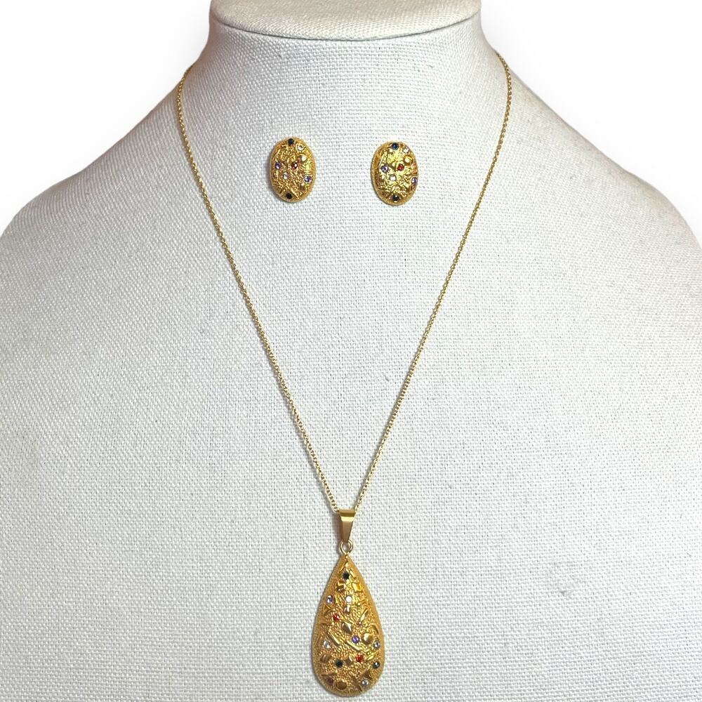 Vintage 80s Stainless Gold Toned Earring and Necklace Set